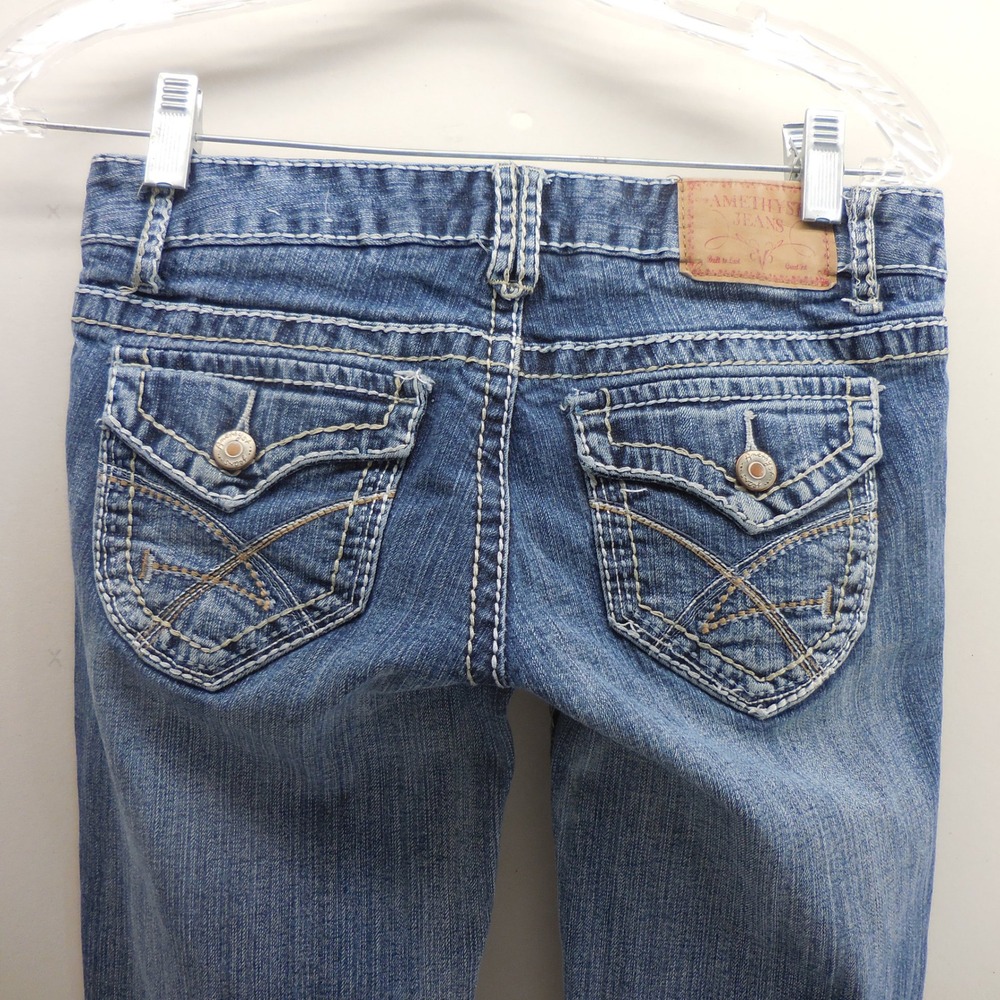 2000s VTG Amethyst Jeans Womens 3 Blue Distressed Bootcut Low Rise Contrast